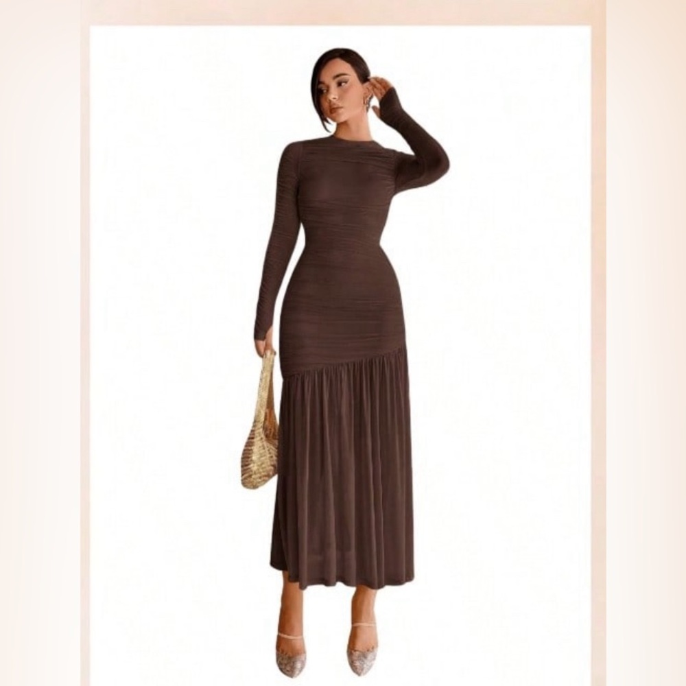 Brown ruched ankle length dress